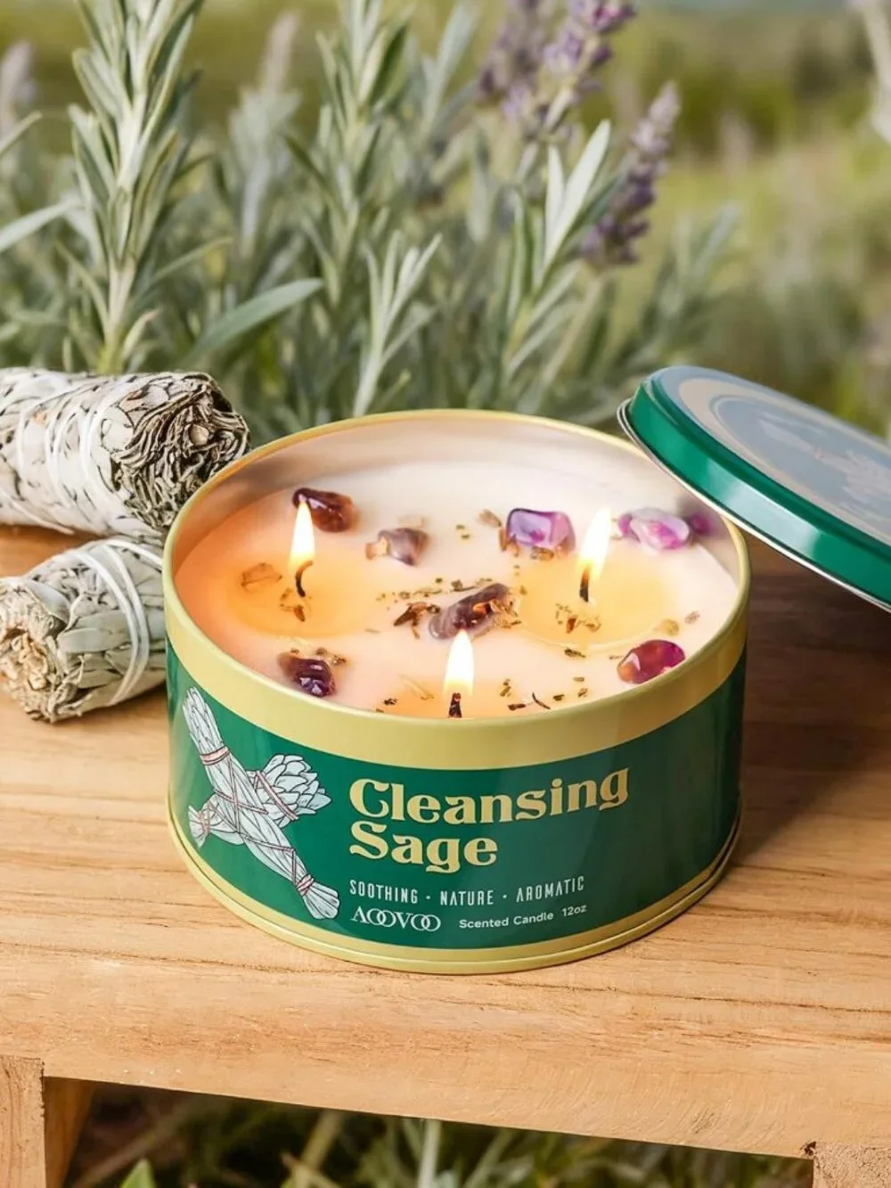 Large 12oz Sage Candle with Crystals & Leaves - Aromatherapy for Meditation